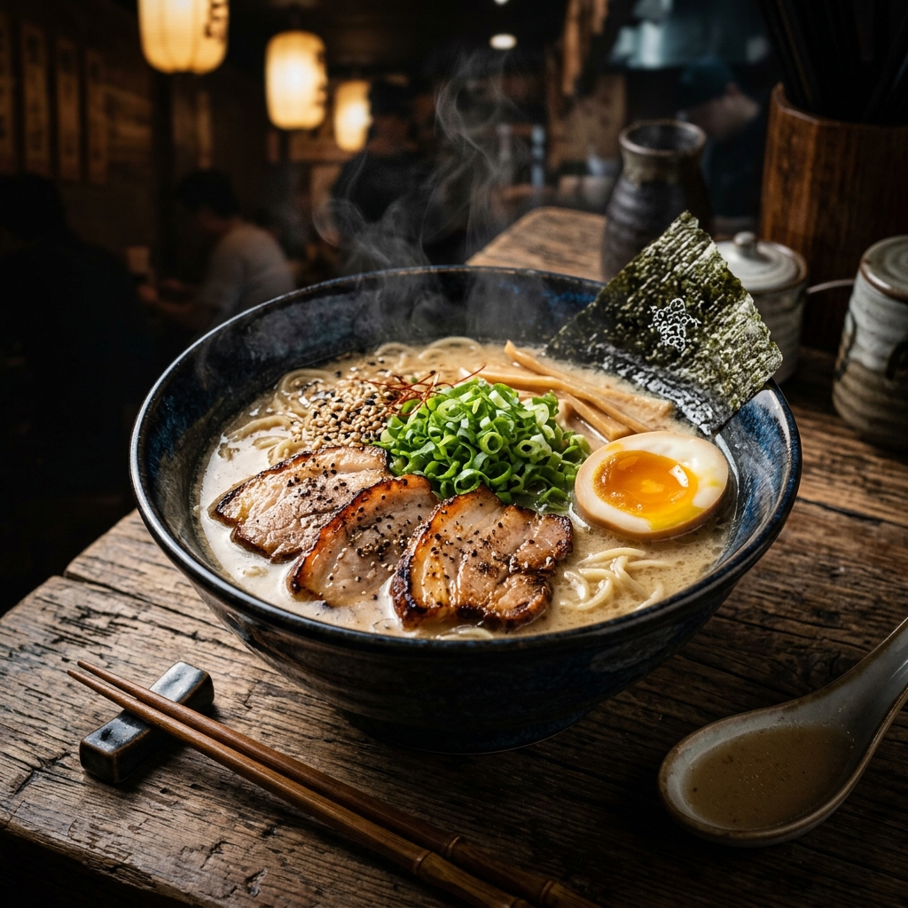 Tonkotsu Black Ramen — rich pork bone broth with chashu and soft-boiled egg