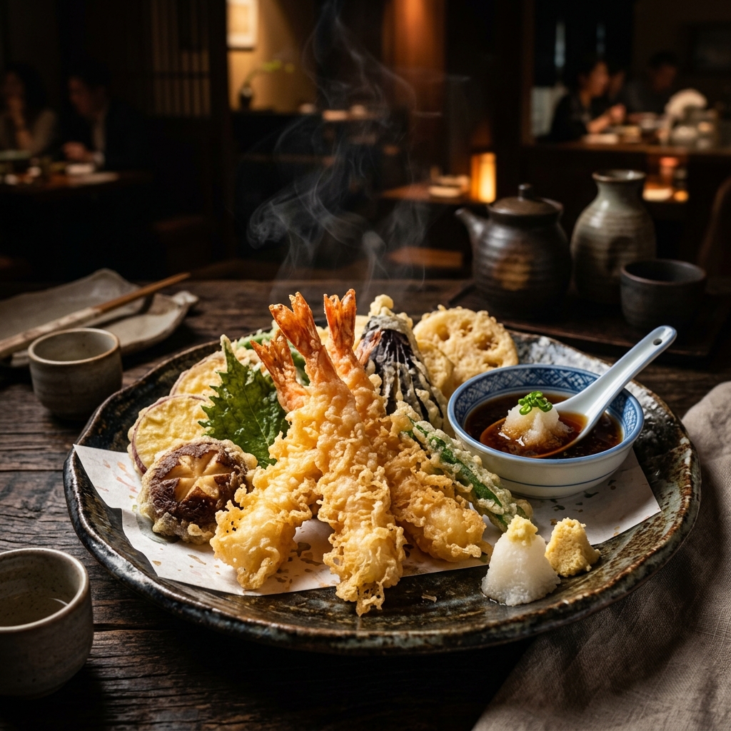 Ebi Tempura Platter — golden crispy tiger prawn tempura with dipping sauce